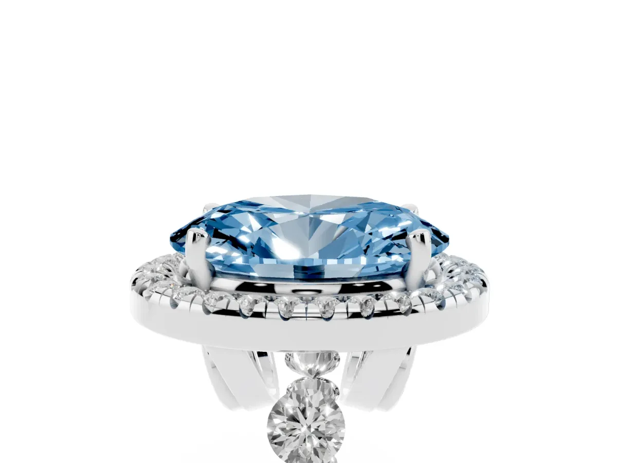 Fancy Blue Oval Cut Halo Pavé Diamond Engagement Ring with Four-Prong Setting Silver