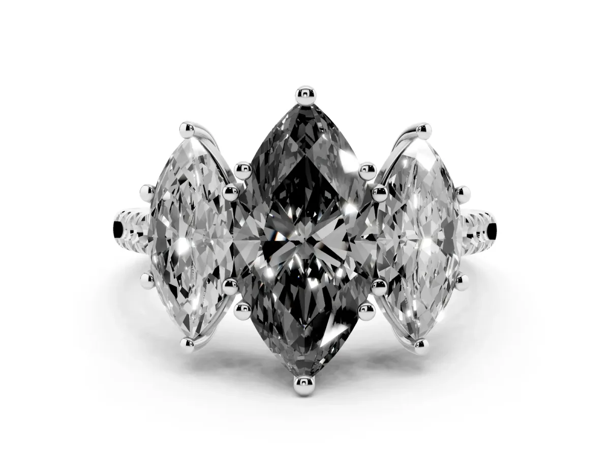 Fancy Black Three-Stone Marquise Cut Diamond Ring with Round Pavé Band and Prong Setting Silver