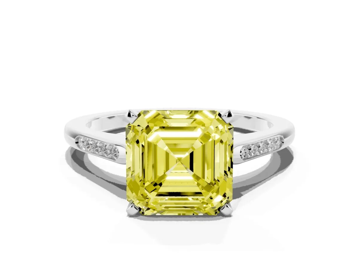 Fancy Yellow Asscher Cut Diamond Solitaire Ring with Channel Set Round Band and Prong Setting White gold
