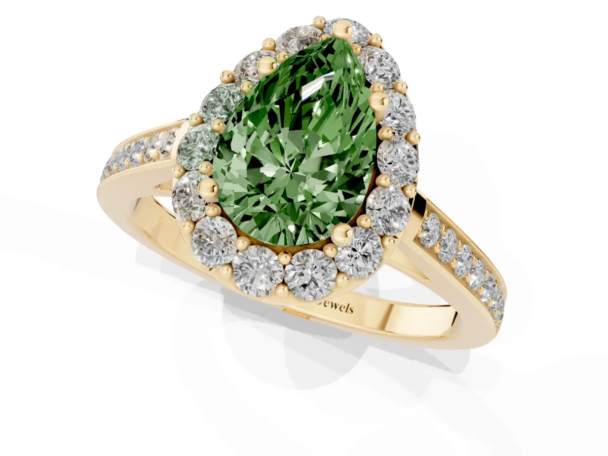 Fancy Green Pear Cut Diamond Floral Halo Ring with Pavé Band and Prong Setting Yellow gold