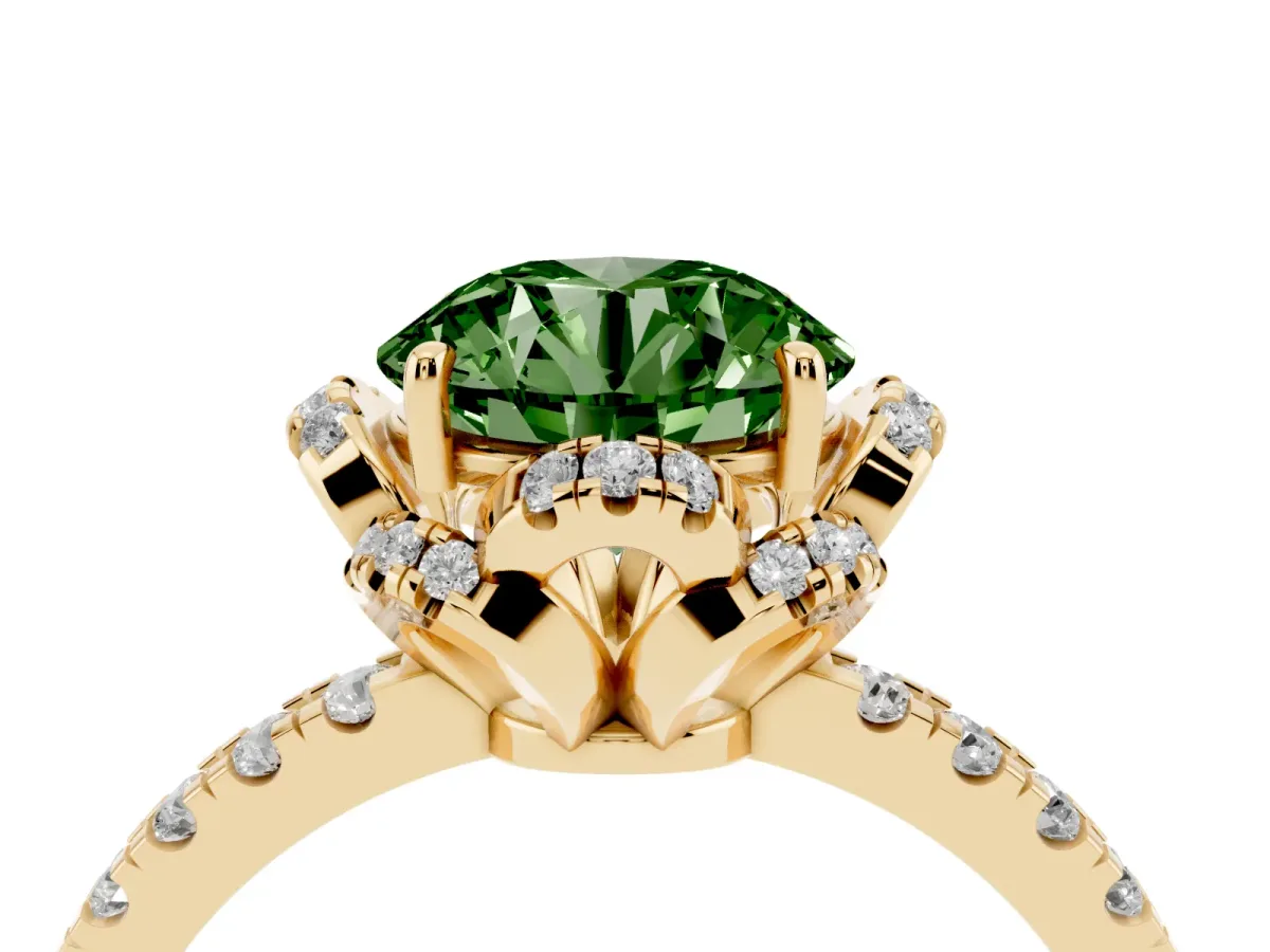 Fancy Green Round Cut Diamond Halo Pave Band with Four-Prong Setting Yellow gold