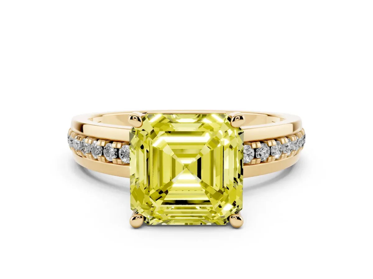 Fancy Yellow Asscher Cut Solitaire Diamond Ring with Channel Set Band and Six-Prong Setting Yellow gold
