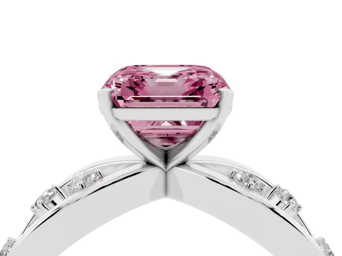 Fancy Pink Asscher Cut Cut Solitaire Diamond with Side Stones on Criss-Cross Band and Four-Prong Setting Platinum