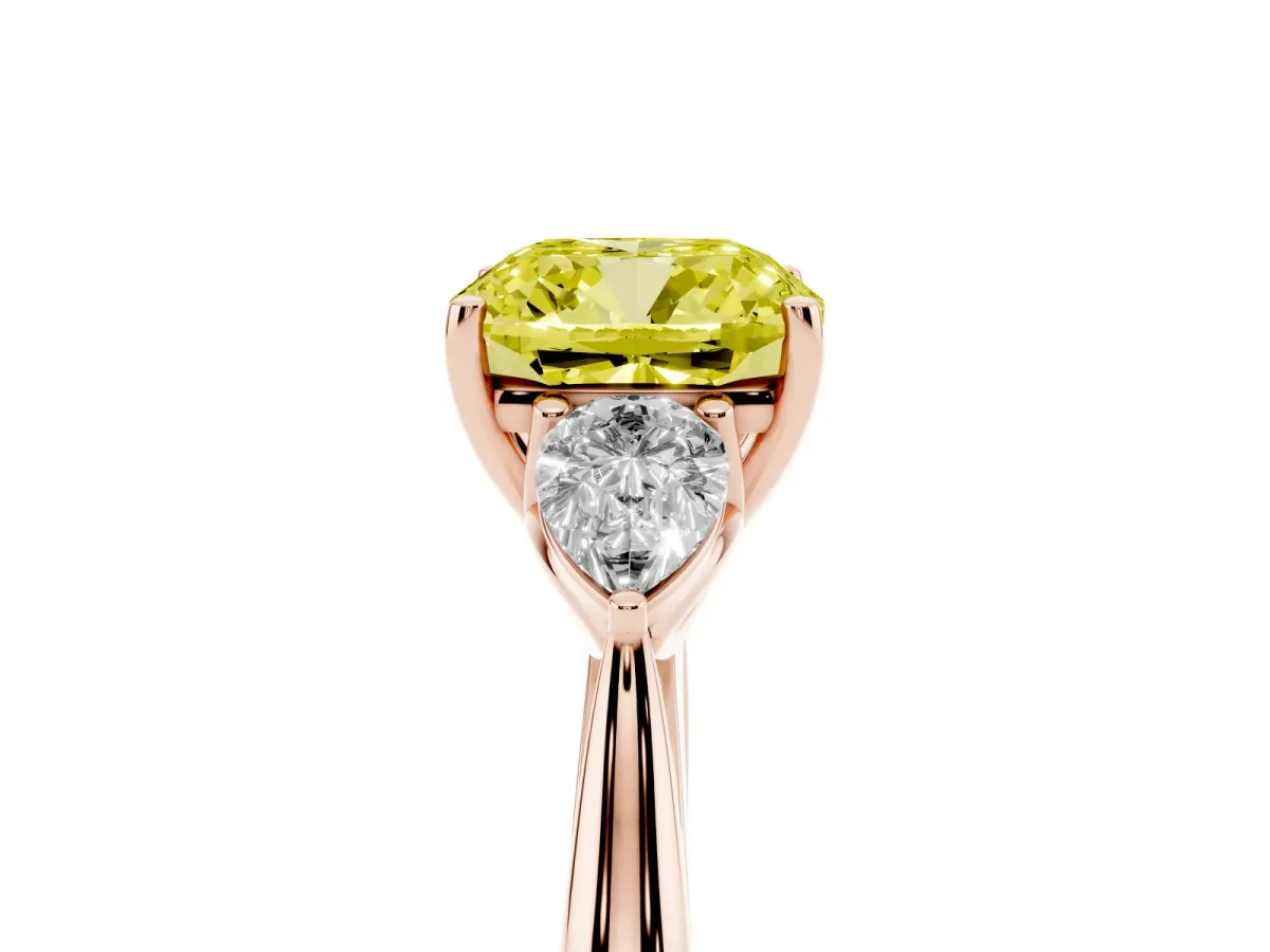 Fancy Yellow Three-Stone Cushion Cut Diamond Ring with Pear Side Stones in Four-Prong Setting Rose gold