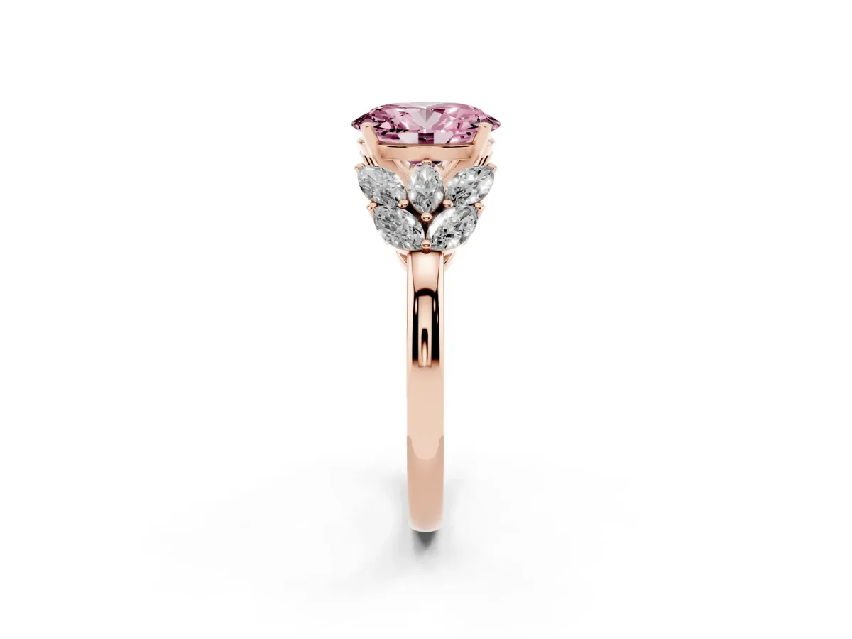 Fancy Pink Oval Cut Diamond Cluster Leaf Design Ring with Prong Setting Rose gold