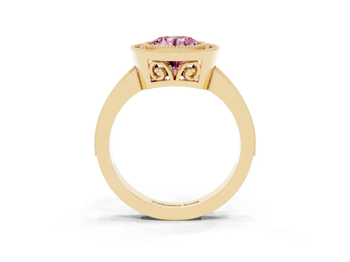Fancy Pink Round Cut Cut Halo Diamond Ring with Pavé Band and Milgrain Prong Setting Yellow gold