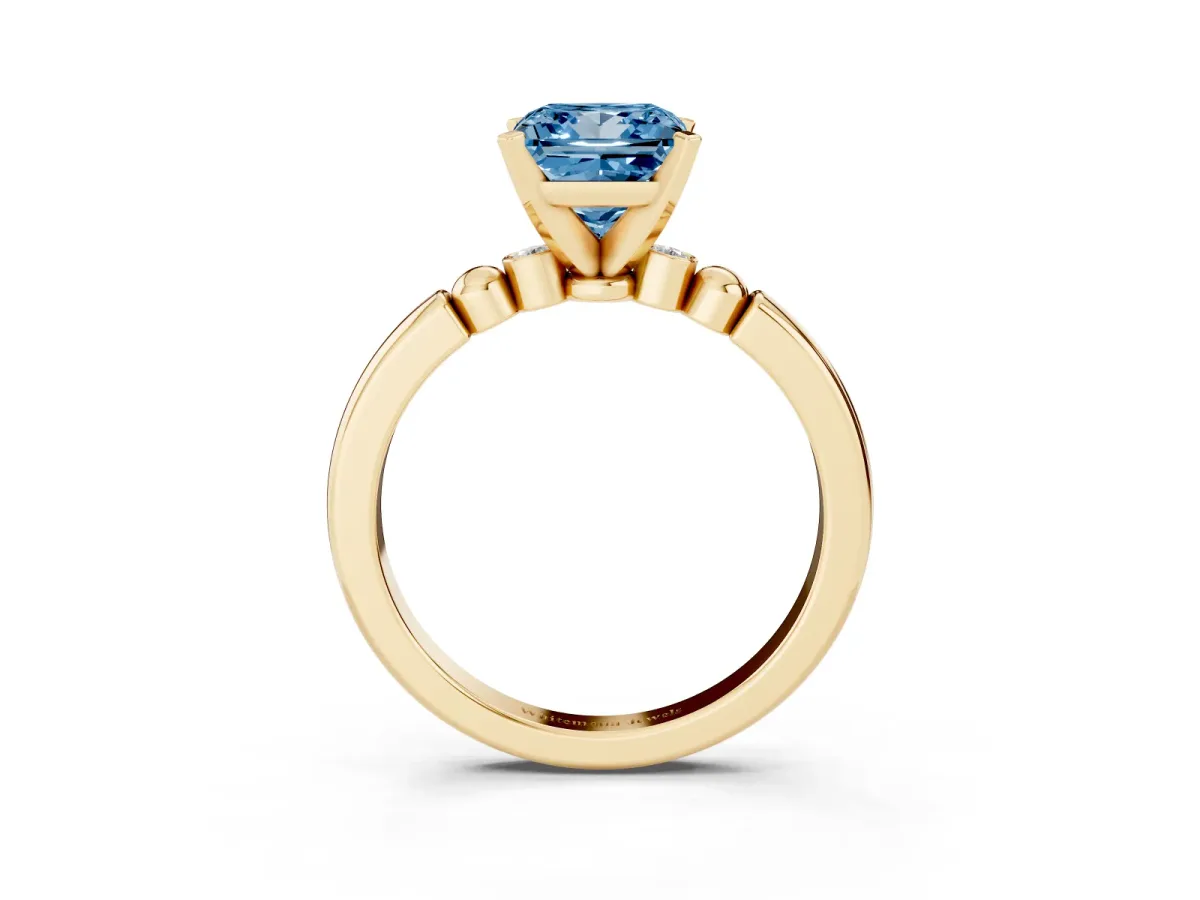 Fancy Blue Princess Cut Solitaire Beaded Band with Four-Prong Setting Yellow gold