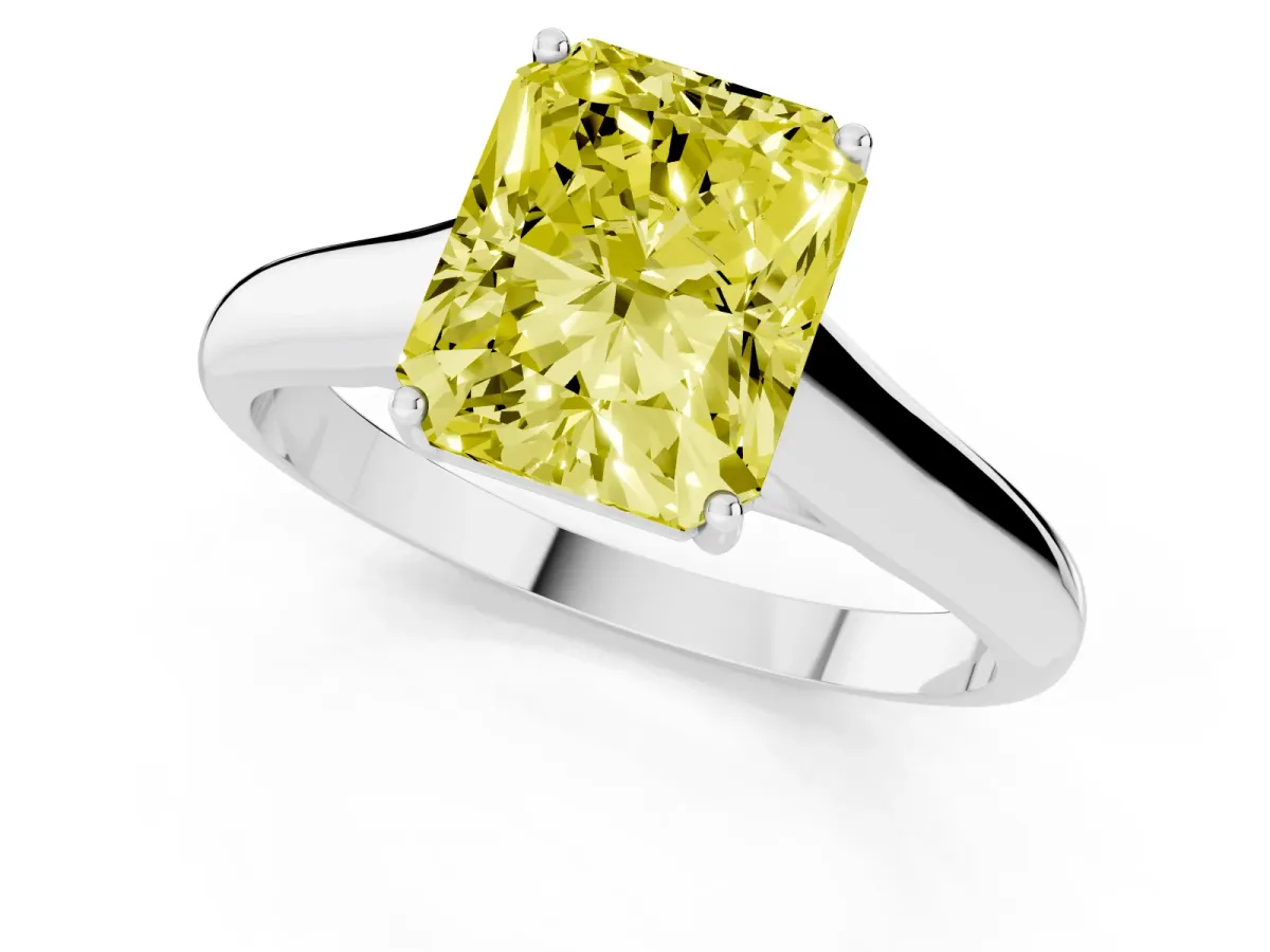 Fancy Yellow Radiant Cut Solitaire Engagement Ring with Tapered Band and Four-Prong Setting Silver