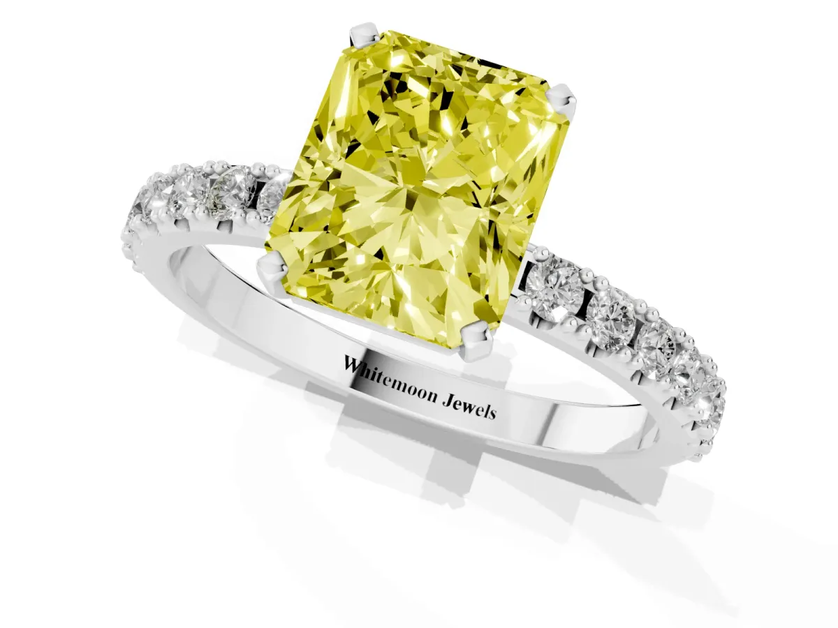 Fancy Yellow Radiant Cut Diamond Solitaire Pavé Band with Four-Prong Setting Silver