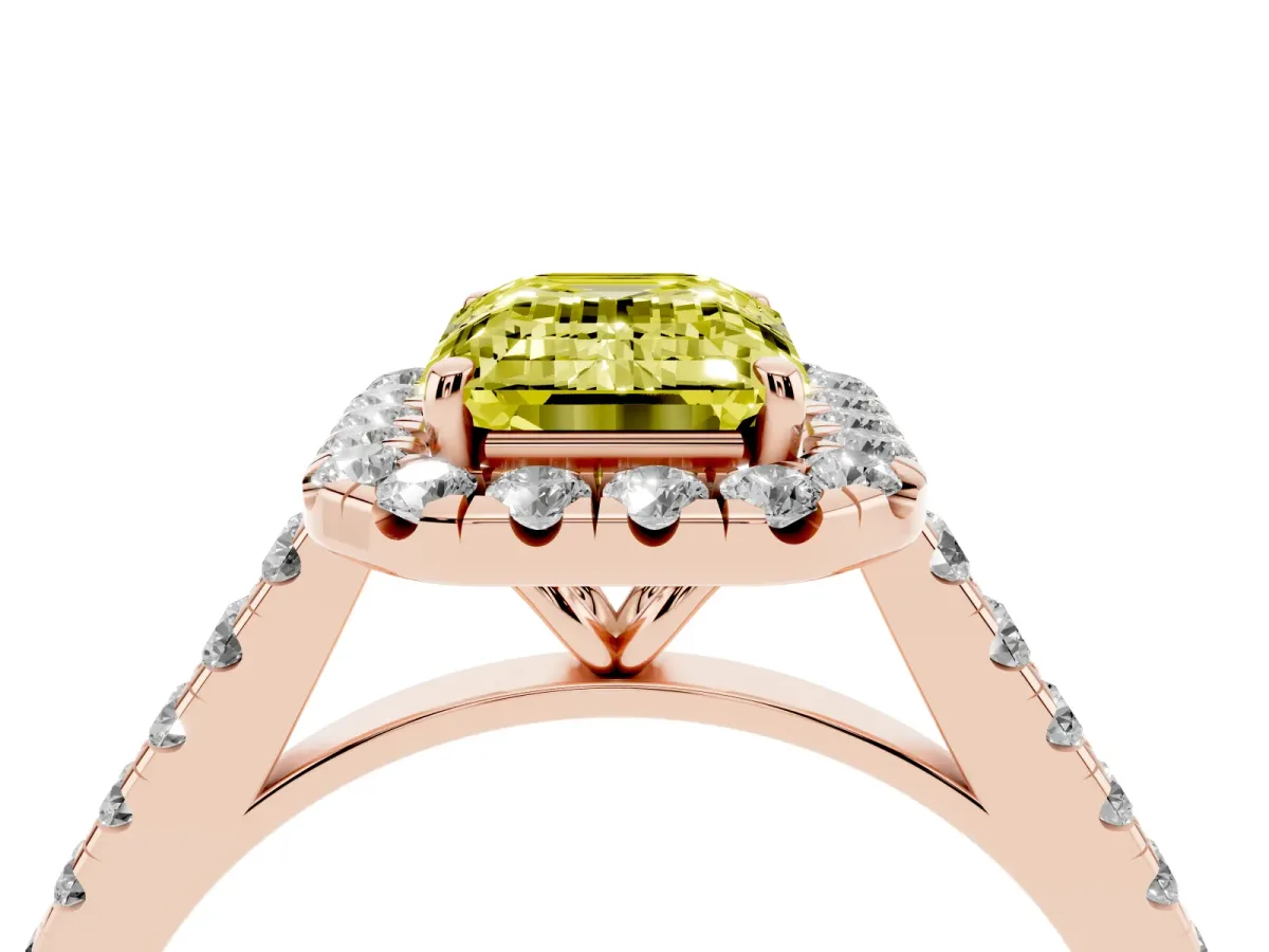 Fancy Yellow Emerald Cut Halo Pave Diamond Engagement Ring with Four-Prong Setting Rose gold