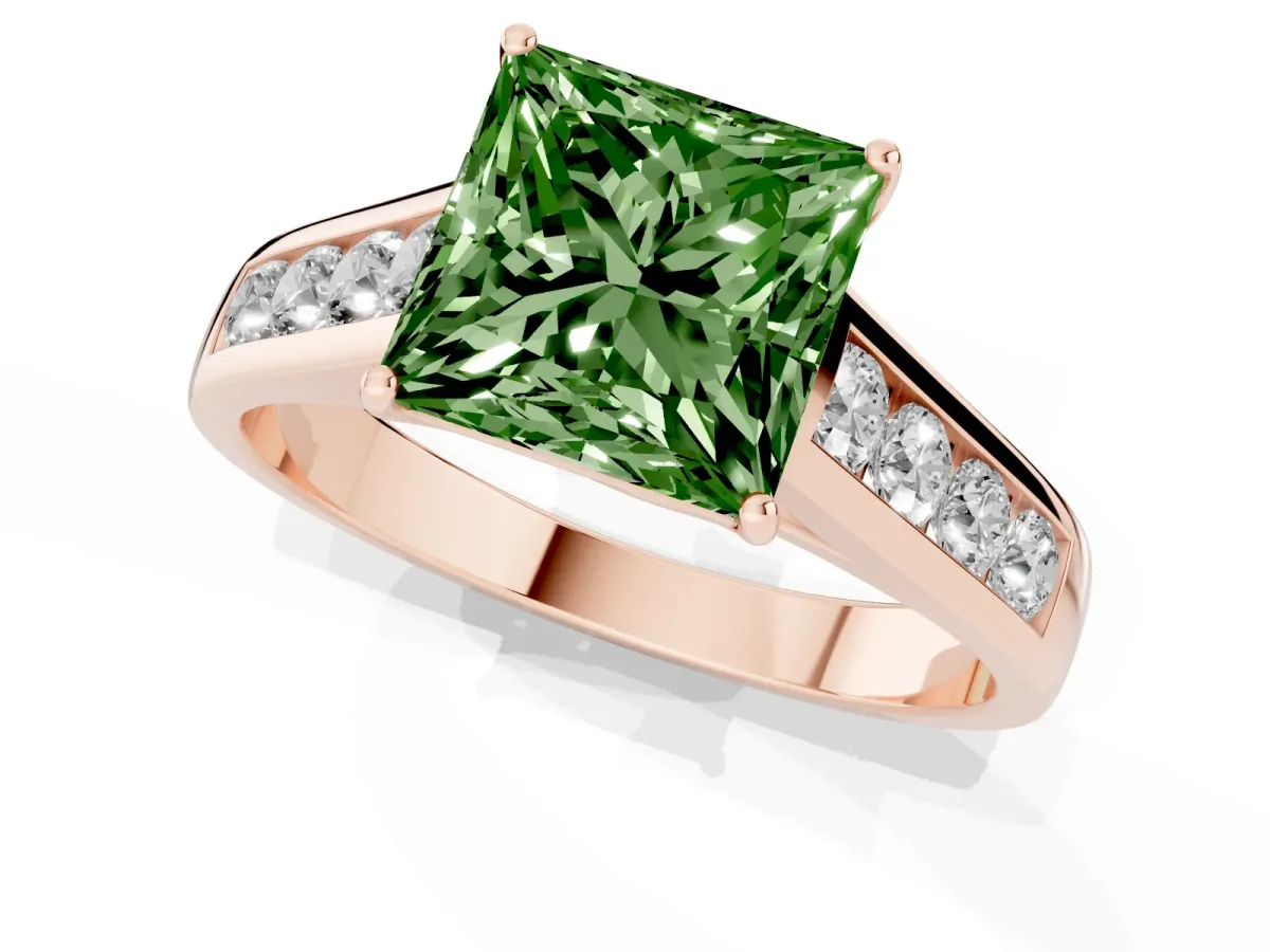 Fancy Green Princess Cut Solitaire Channel-Set Diamond Engagement Ring with Four-Prong Setting Rose gold