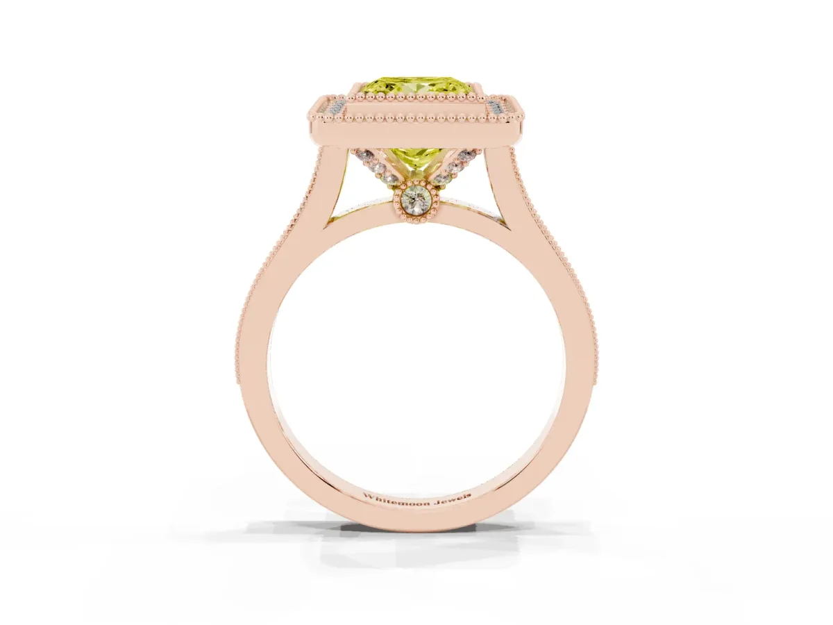 Fancy Yellow Princess Cut Diamond Halo Ring with Milgrain Frame and Pavé Band Rose gold