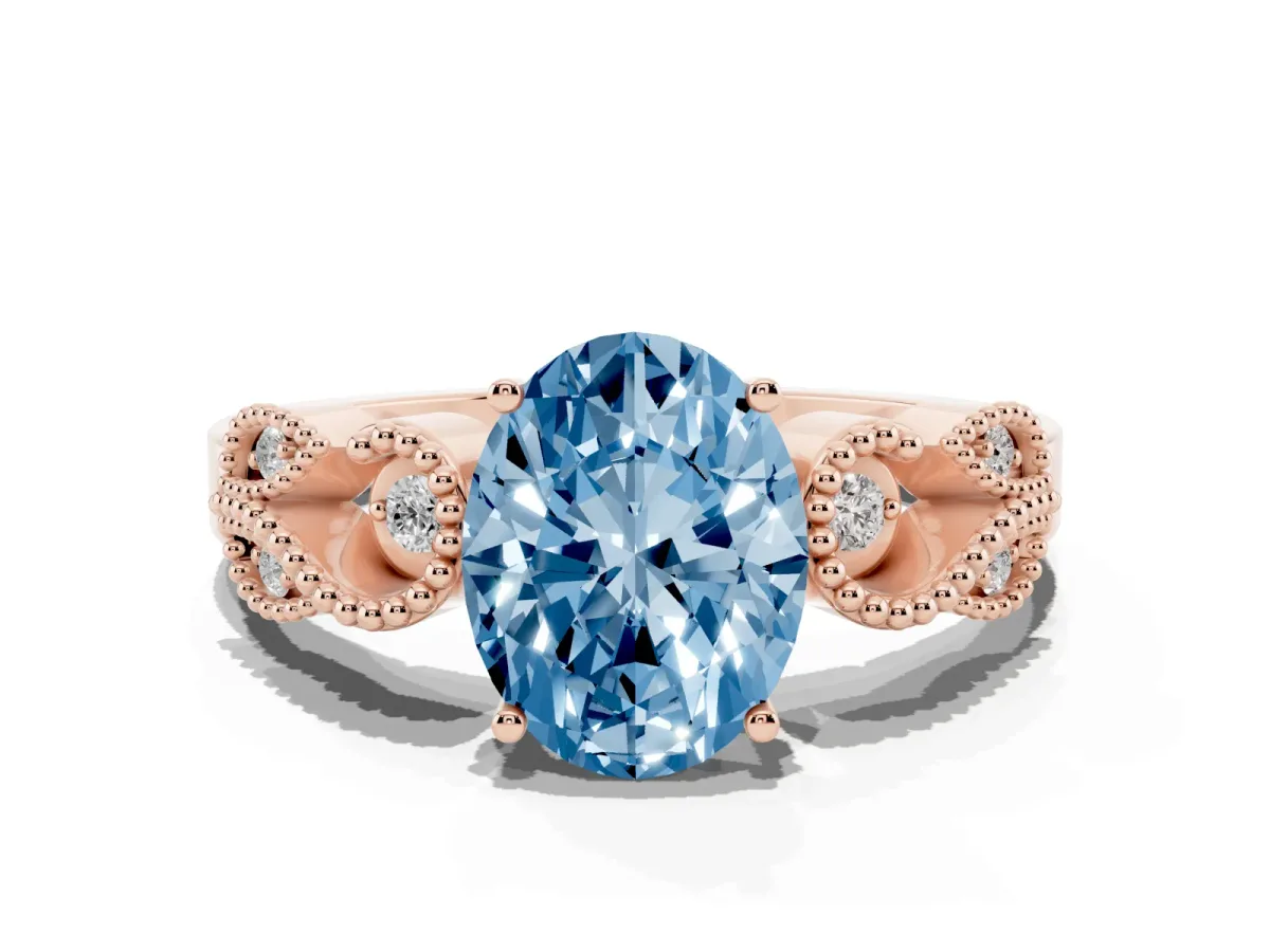 Fancy Blue Oval Cut Solitaire Milgrain Leaf Band with Prong Setting Rose gold