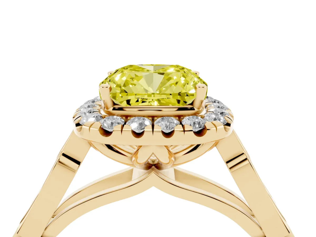 Fancy Yellow Cushion Cut Halo Diamond Engagement Ring with Filigree Band and Four-Prong Setting Yellow gold