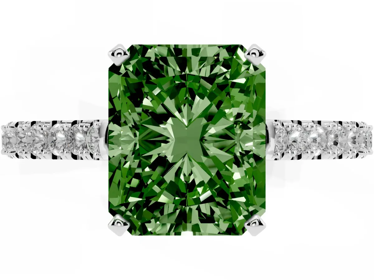 Fancy Green Radiant Cut Cut Solitaire Diamond Engagement Ring with Pave Band and Four-Prong Setting Platinum