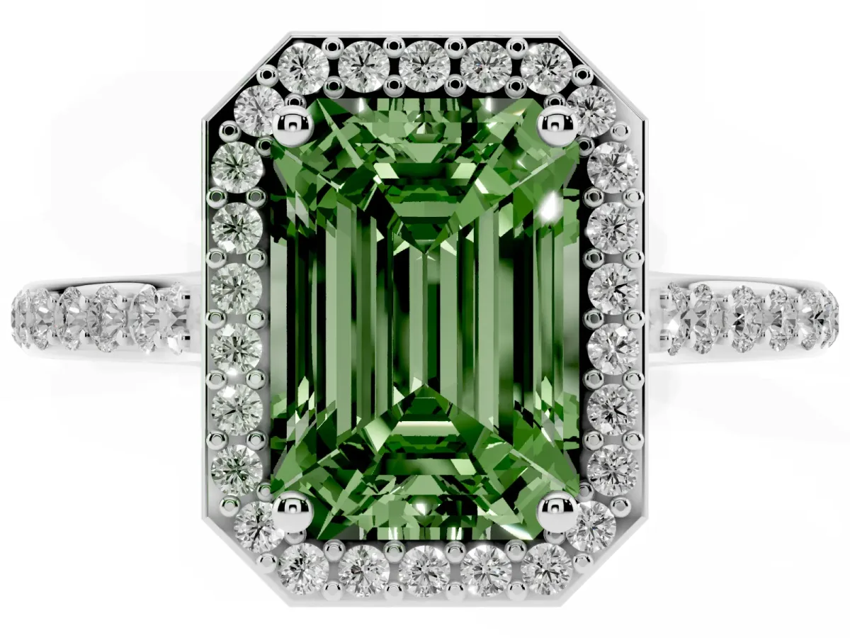 Fancy Green Emerald Cut Diamond Halo Engagement Ring with Round Pavé Shoulders and Prong Setting Silver