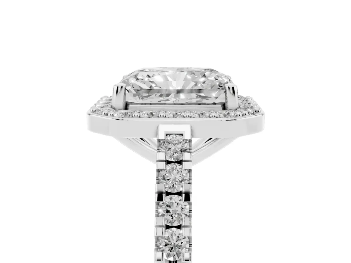 Radiant Cut Diamond Halo Ring with Round Pavé Split Shank and Prong Setting Silver