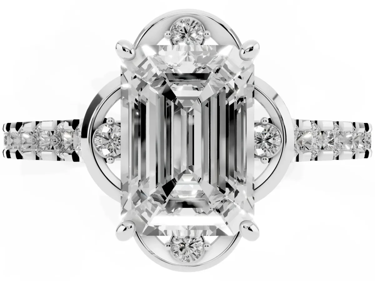 Emerald Cut Diamond Ring with Pavé Band and Floral Prong Setting Silver