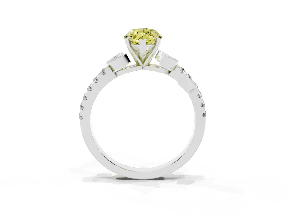Fancy Yellow Marquise Cut Solitaire Leaf-Inspired Diamond Ring with Pavé Band and Four-Prong Setting Silver