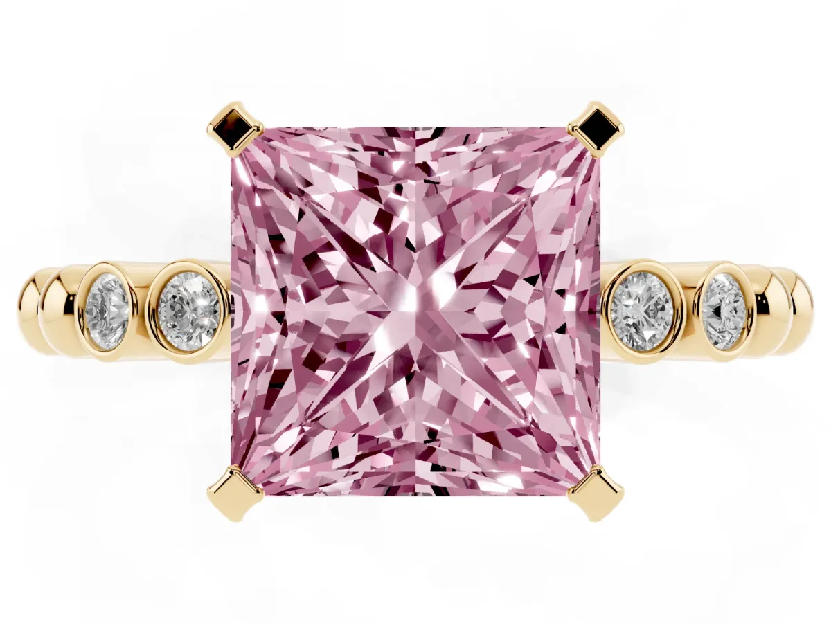 Fancy Pink Princess Cut Solitaire Bezel Accent Diamond Engagement Ring with Beaded Band and Four-Prong Setting Yellow gold