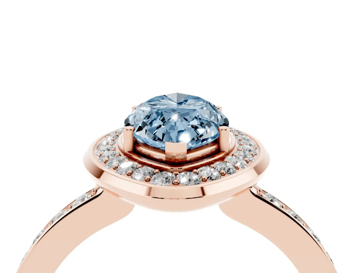 Fancy Blue Marquise Cut Diamond Halo Ring with Bezel Frame and Pavé Band Rose gold