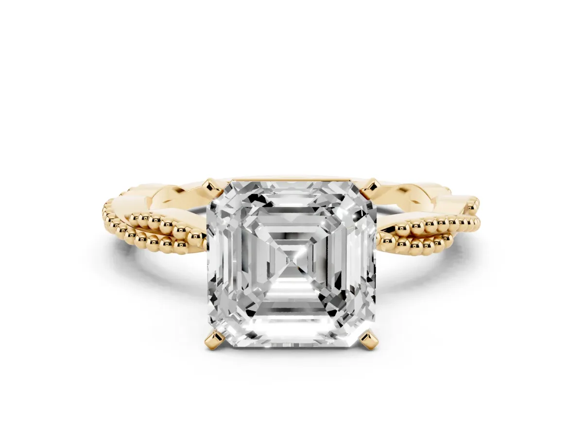 Asscher Cut Solitaire Twisted Band with Bead Prong Setting Yellow gold
