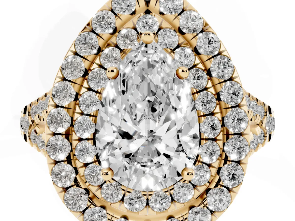 Double Halo Pear Cut Diamond Pavé Split Shank Ring with Prong Setting Yellow gold
