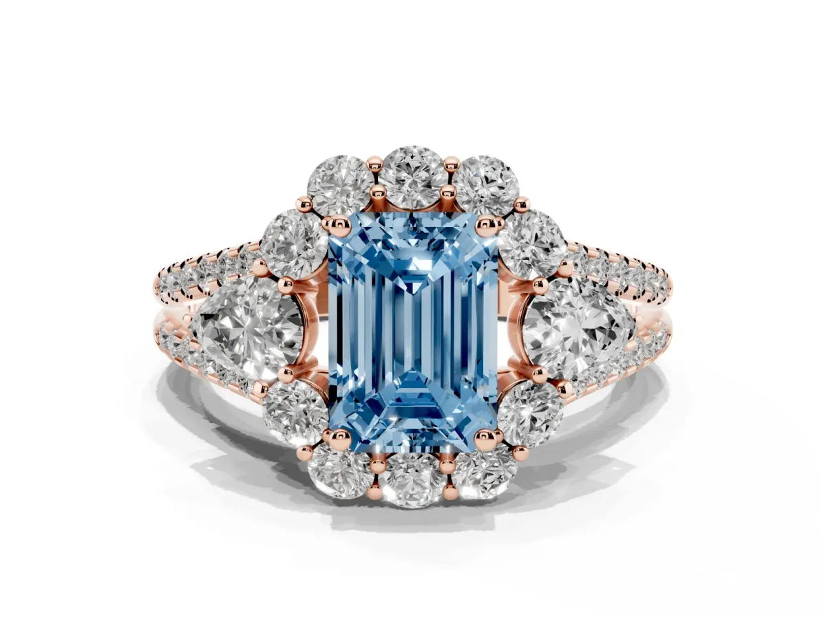 Fancy Blue Emerald Cut Halo Split Shank Diamond Engagement Ring with Prong Setting Rose gold