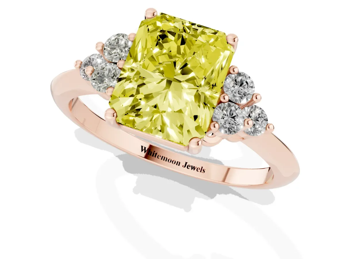Fancy Yellow Radiant Cut Cut Diamond Cluster Ring with Solitaire Band and Four-Prong Setting Rose gold