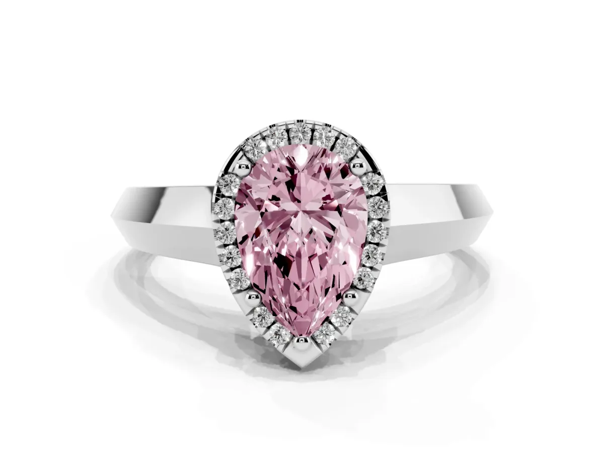 Fancy Pink Pear Cut Halo Diamond Ring with Cathedral Band and Four-Prong Setting Silver