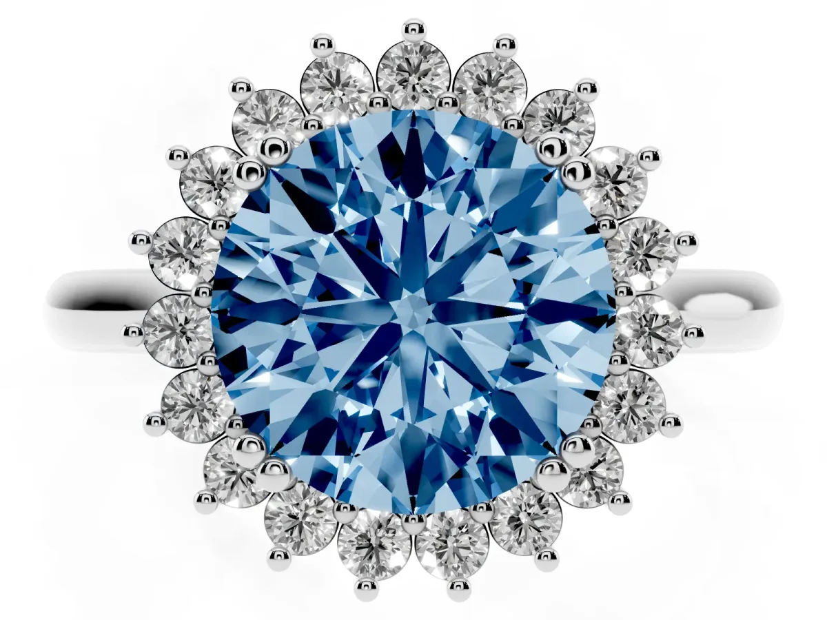 Fancy Blue Round Cut Cut Diamond Halo Ring with Solitaire Band and Prong Setting Silver