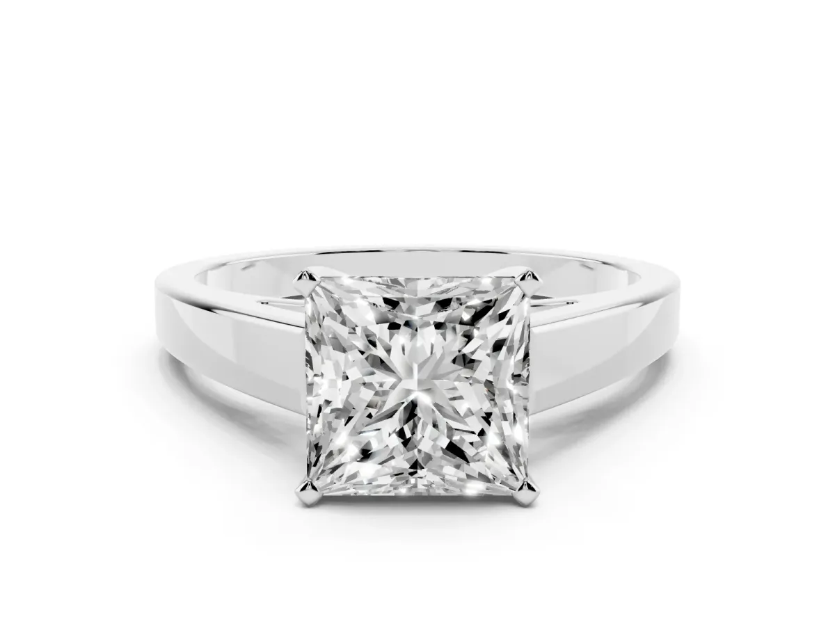 Princess Cut Solitaire Engagement Ring with Four-Prong Setting and Tapered Band Silver