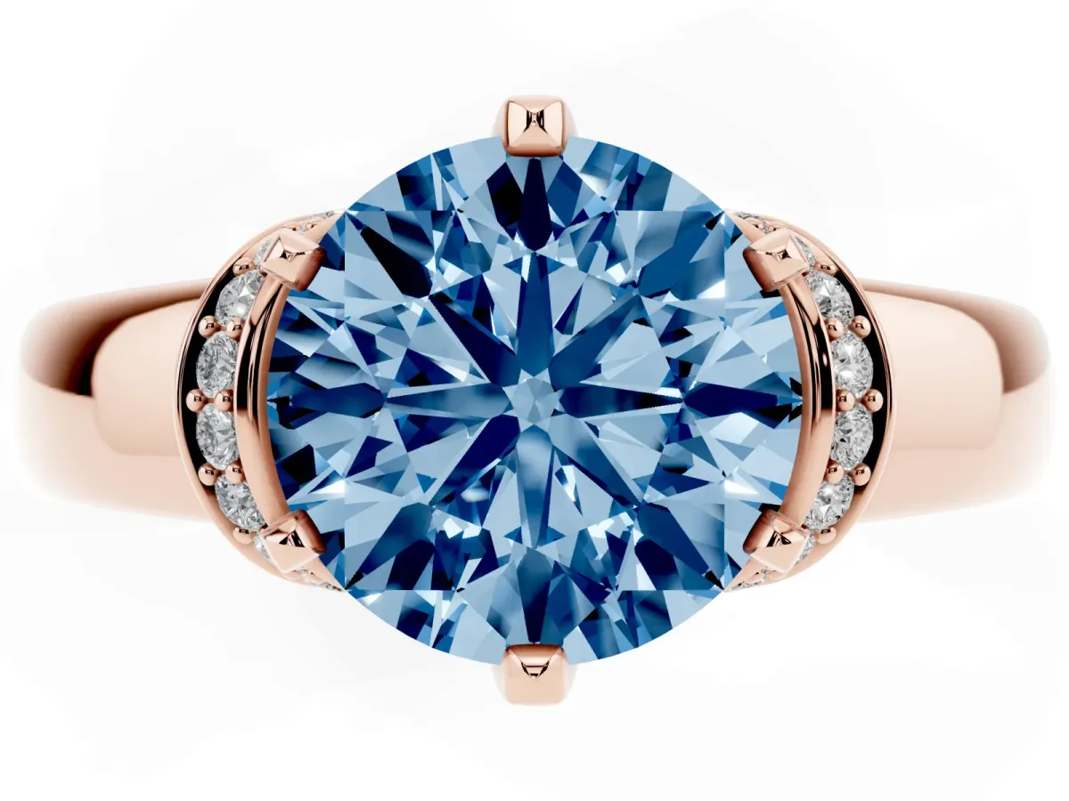 Fancy Blue Round Cut Solitaire Diamond Ring with Pave Band and Six-Prong Setting Rose gold
