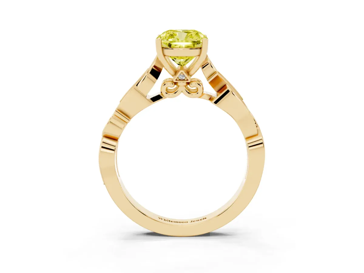 Fancy Yellow Cushion Cut Solitaire Vine Band with Milgrain Prong Setting Yellow gold