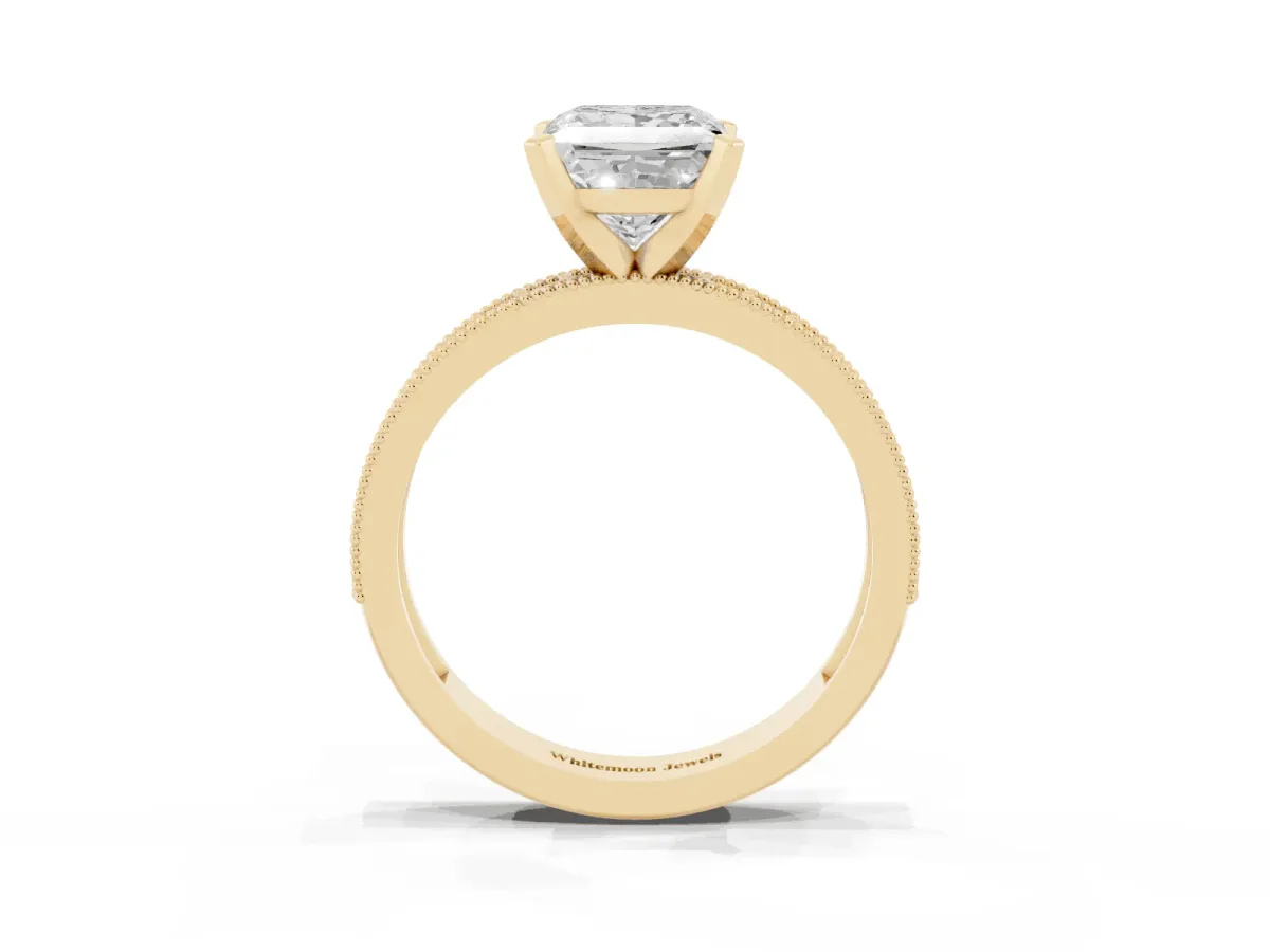 Princess Cut Diamond Milgrain Pavé Engagement Ring with Four-Prong Setting Yellow gold