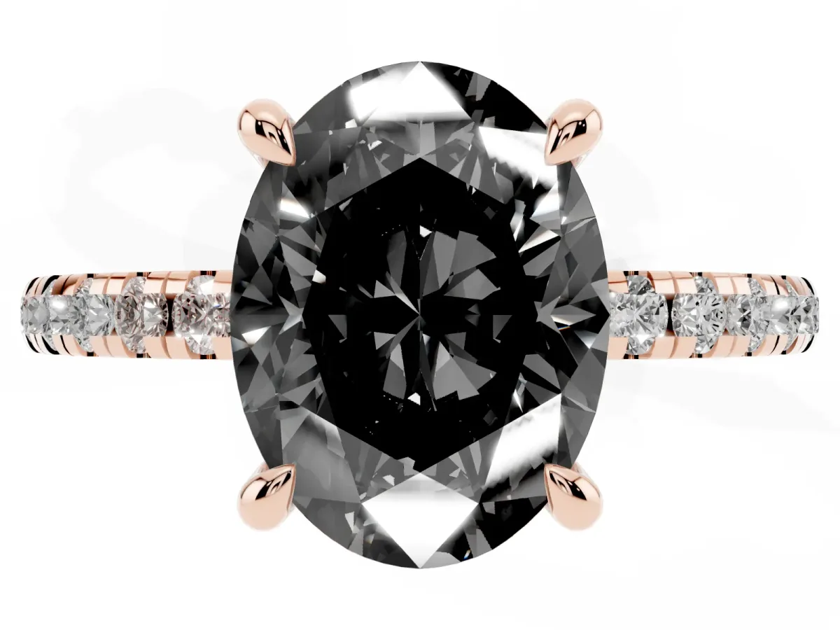 Fancy Black Oval Cut Diamond Brilliant Solitaire Ring with Pavé Band and Four-Prong Setting Rose gold