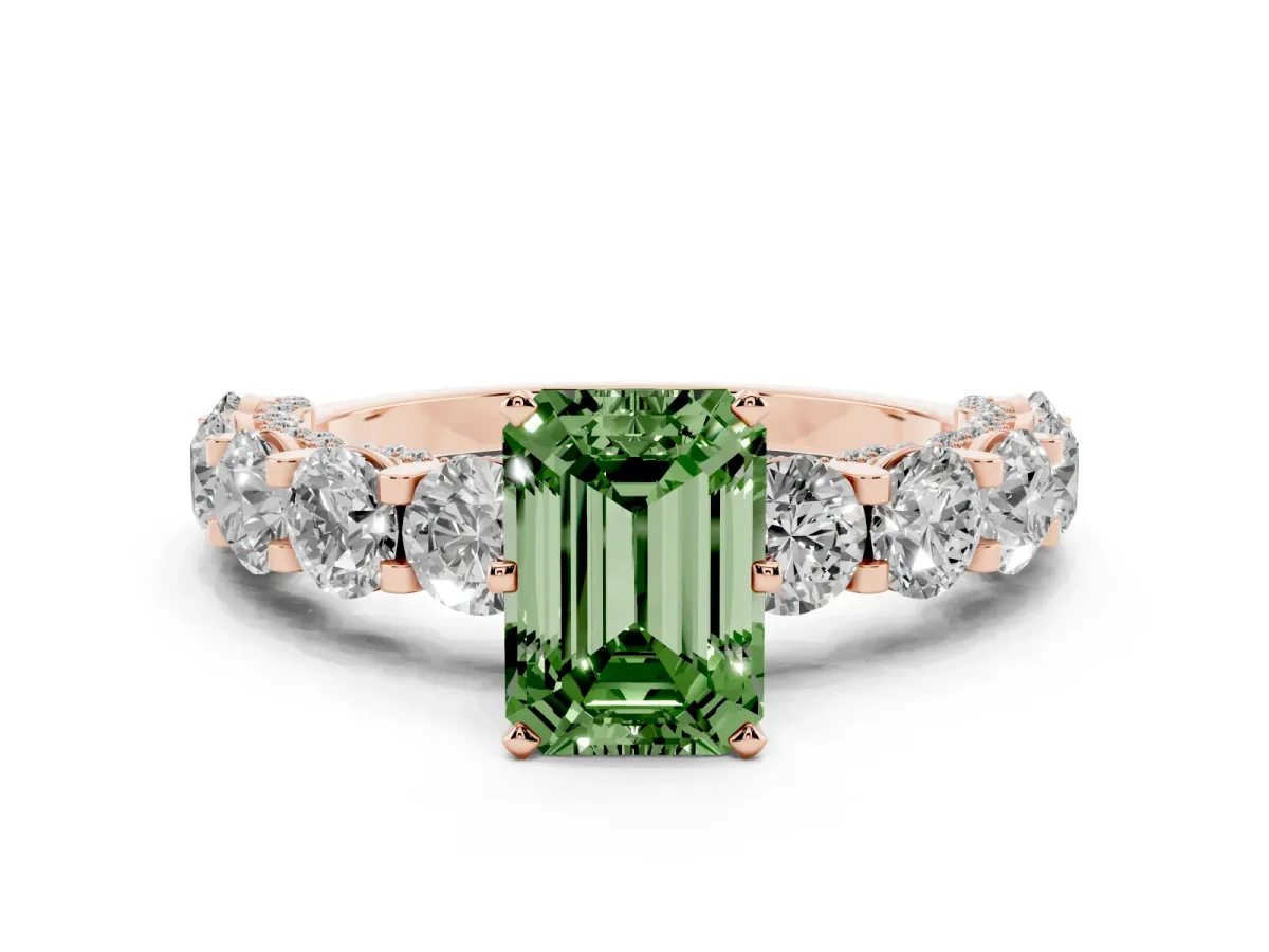 Fancy Green Emerald Cut Diamond Side Stone Engagement Ring with Four-Prong Setting Rose gold