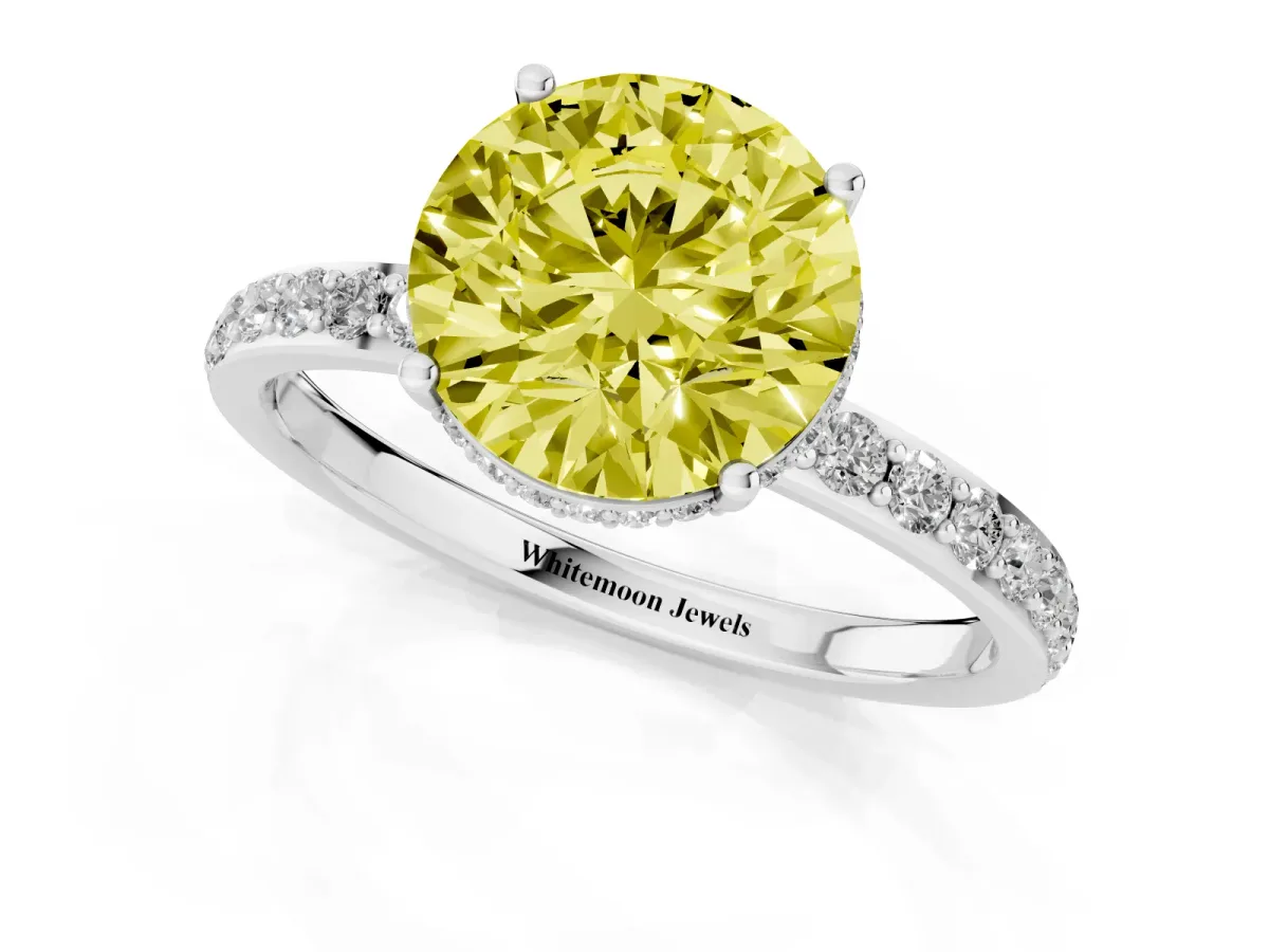 Fancy Yellow Round Cut Diamond Solitaire Ring with Pavé Band and Hidden Halo Silver
