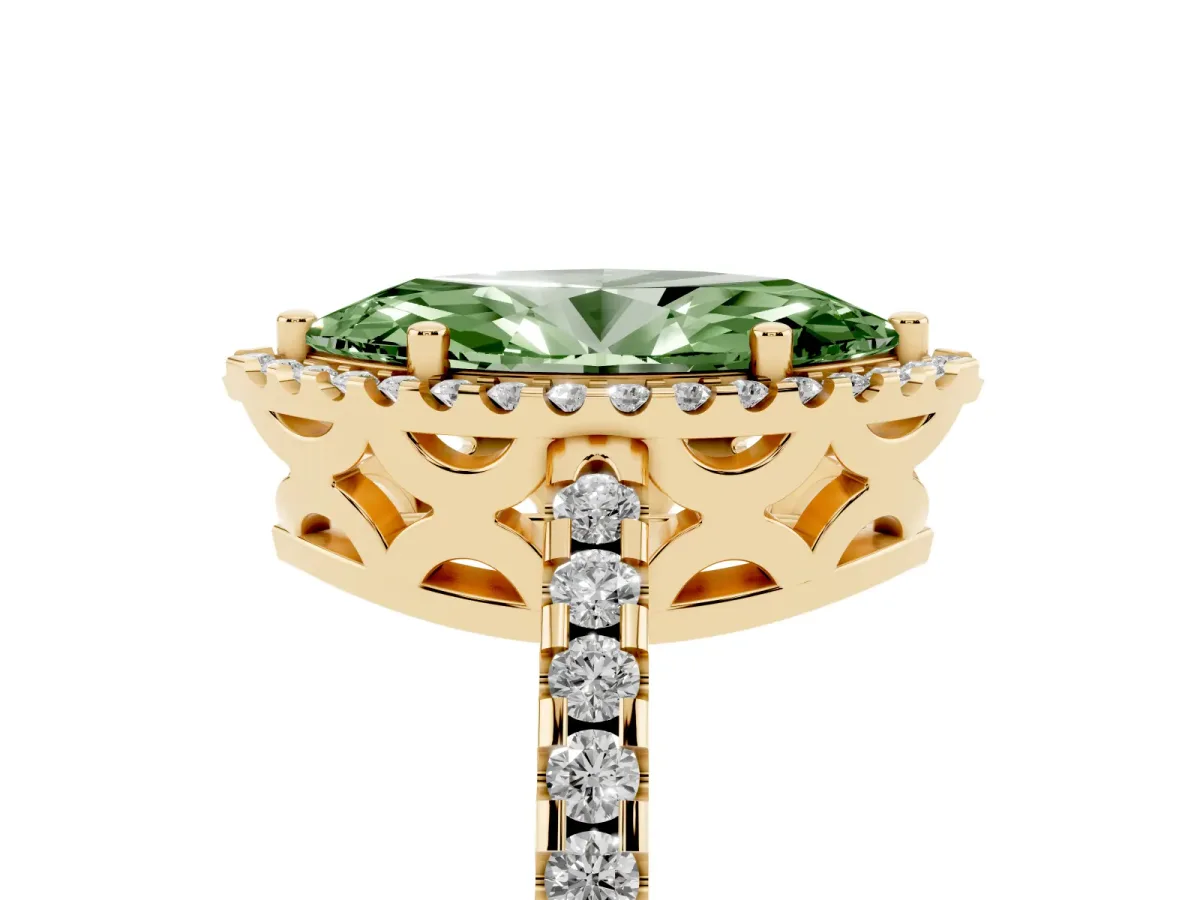 Fancy Green Marquise Cut Diamond Halo Engagement Ring with Pavé Band and Prong Setting Yellow gold