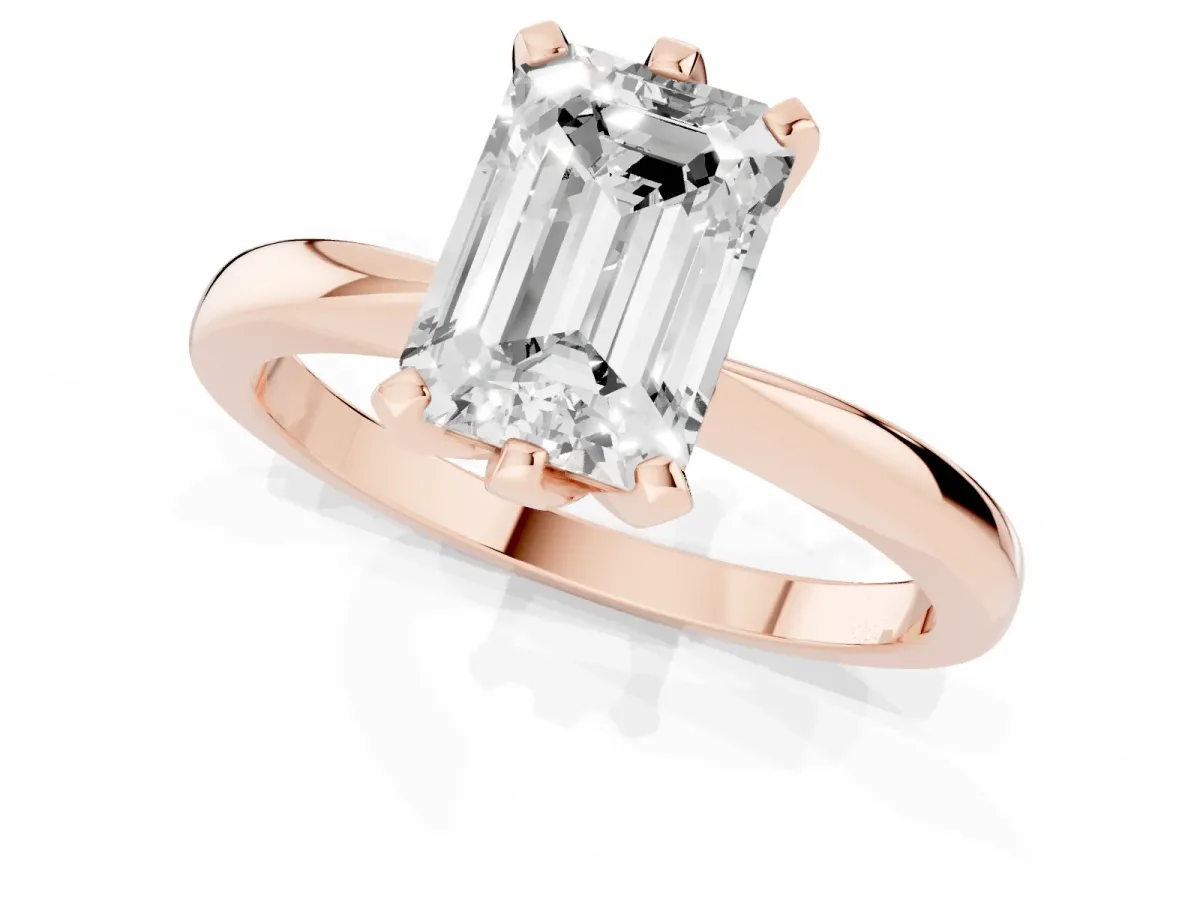 Emerald Cut Solitaire Engagement Ring with Six-Prong Setting and Tapered Band Rose gold
