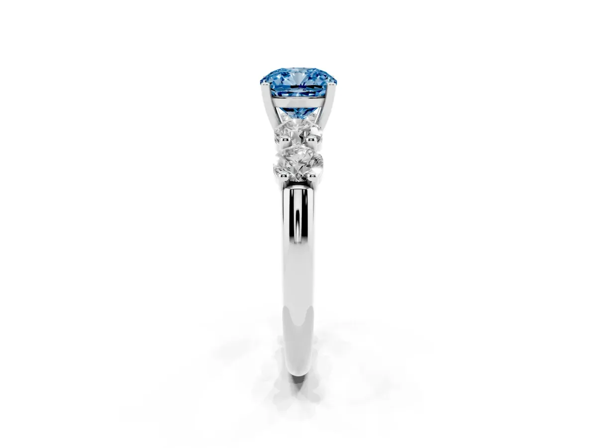 Fancy Blue Cushion Cut Cut Five-Stone Prong Set Diamond Ring with Classic Band Silver
