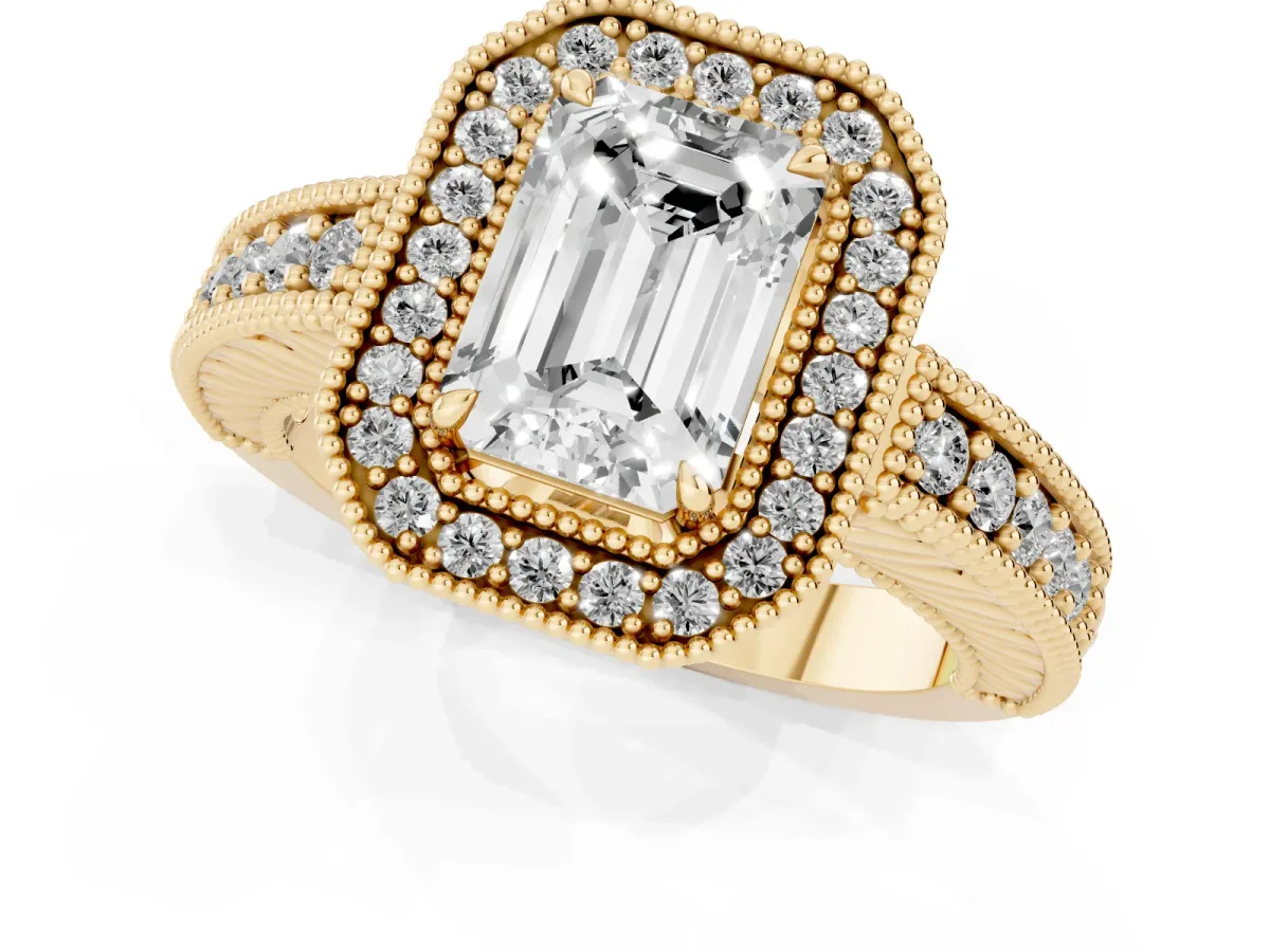 Emerald Cut Cut Halo Diamond Ring with Pavé Band and Four-Prong Setting Yellow gold