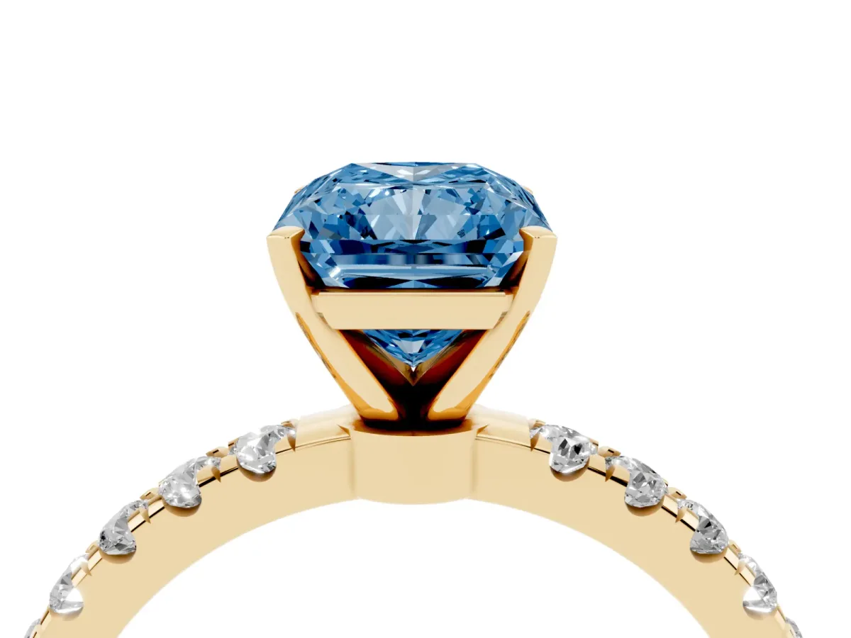 Fancy Blue Radiant Cut Diamond Solitaire Ring with Pavé Accents and Four-Prong Setting Yellow gold