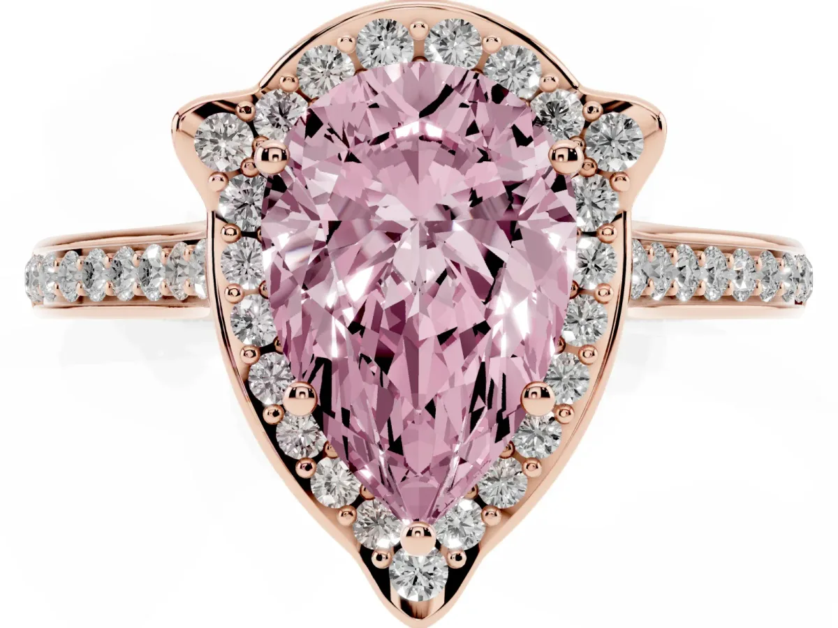 Fancy Pink Pear Cut Halo Round Diamond Pave Band with Four-Prong Setting Rose gold
