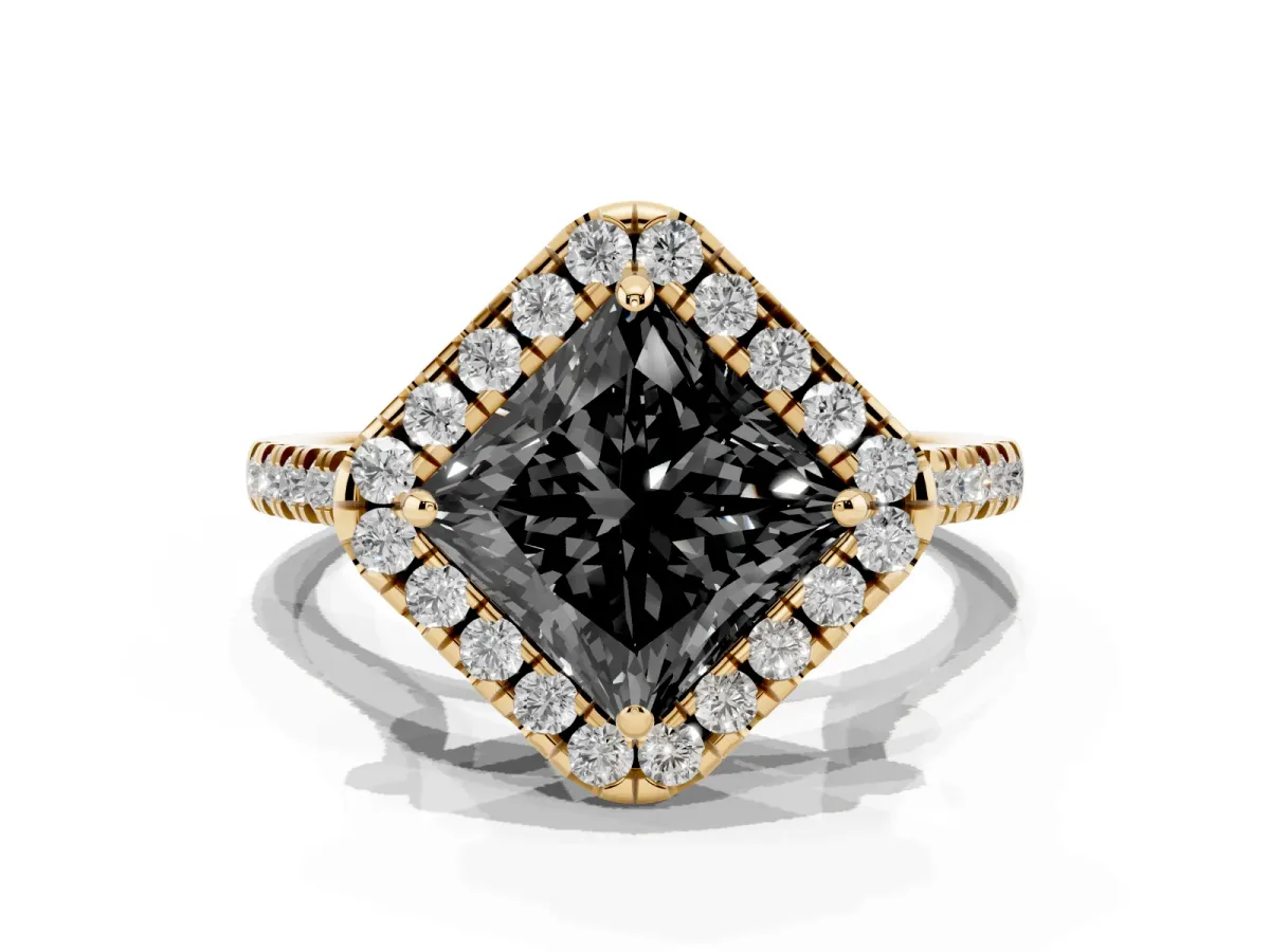Fancy Black Princess Cut Diamond Cushion Halo Ring with Pavé Band Yellow gold