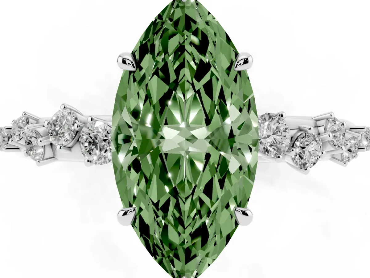 Fancy Green Marquise Cut Diamond Cluster Prong-Set Solitaire Ring White gold