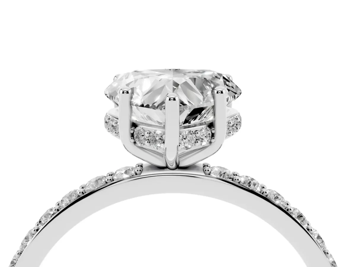 Heart Cut Diamond Solitaire Ring with Pavé Band and Hidden Halo Silver
