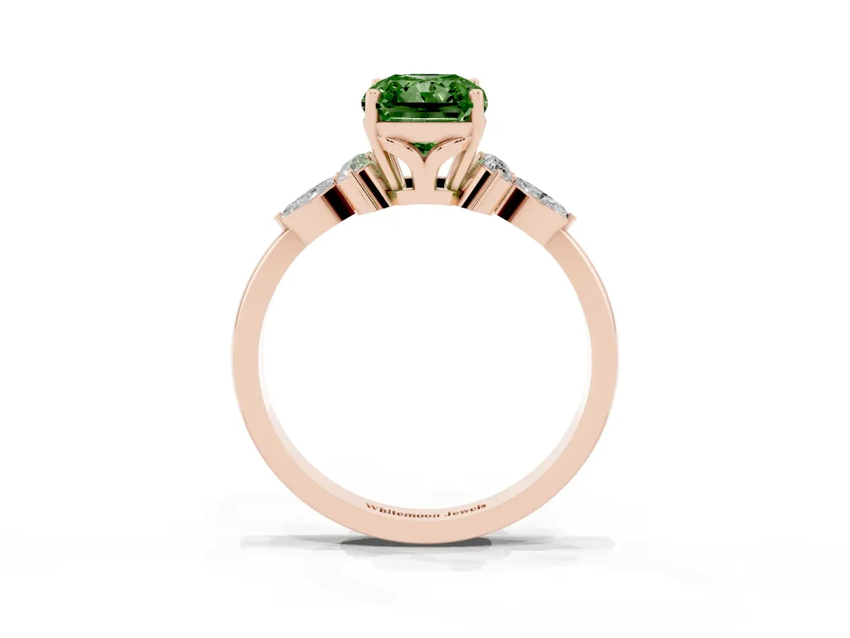 Fancy Green Radiant Cut Brilliant Diamond Solitaire Ring with Pear Side Stones and Four-Prong Setting Rose gold