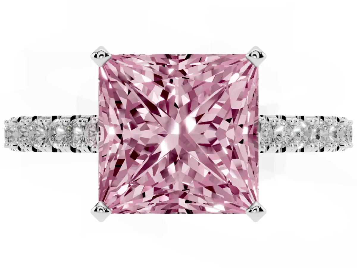 Fancy Pink Princess Cut Cut Solitaire Diamond Engagement Ring with Pave Band and Four-Prong Setting White gold