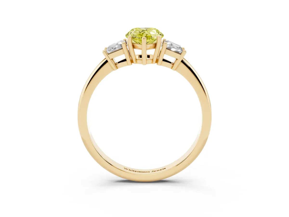 Fancy Yellow Pear Cut Diamond Three-Stone Ring with Trapezoid Side Stones and Prong Setting Yellow gold
